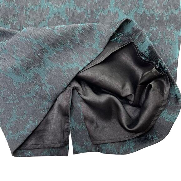 Badgley Mischka Dress 6 Green Black Damask Illusion Neck Sides Sheath Cocktail - Picture 9 of 14